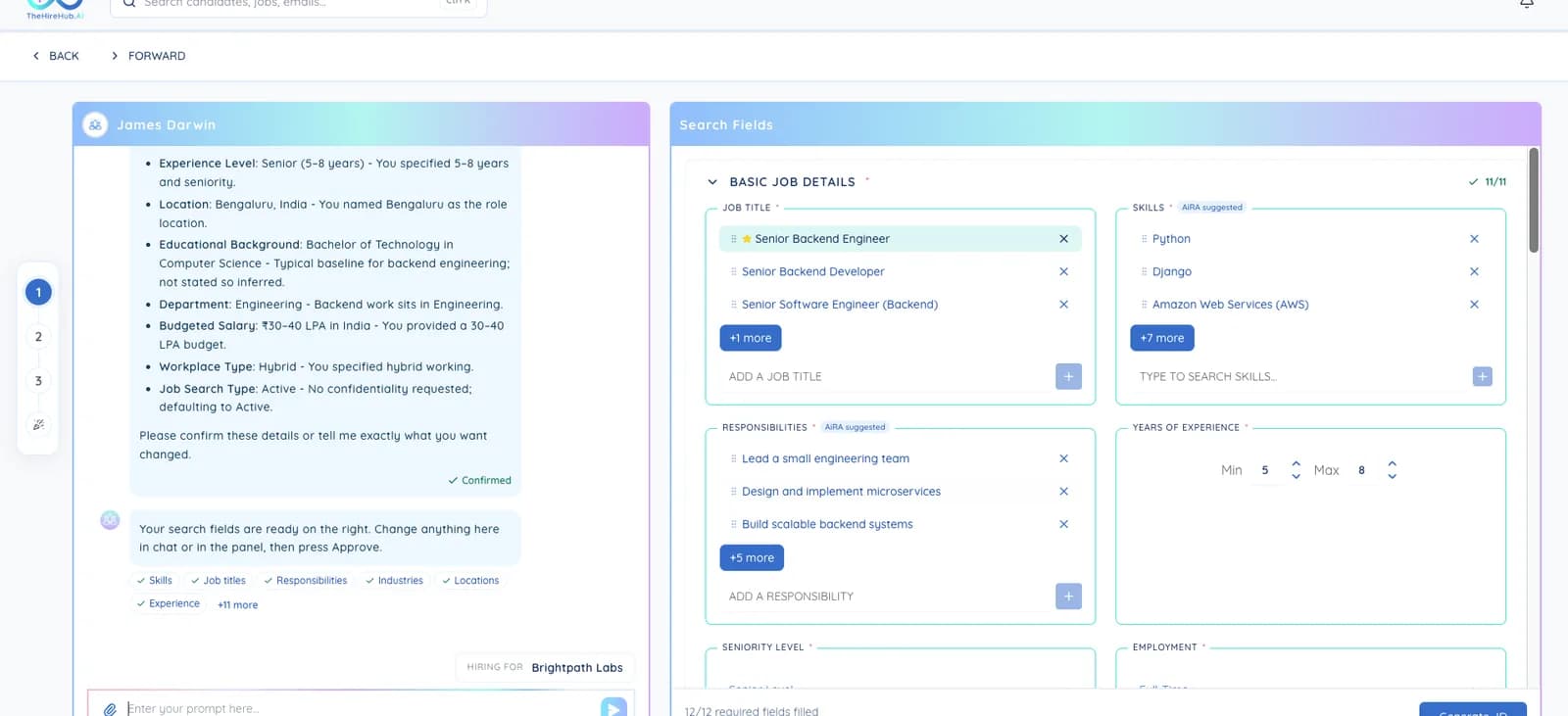 Search Fields filled in by AiRA next to the job creation chat, ready to approve