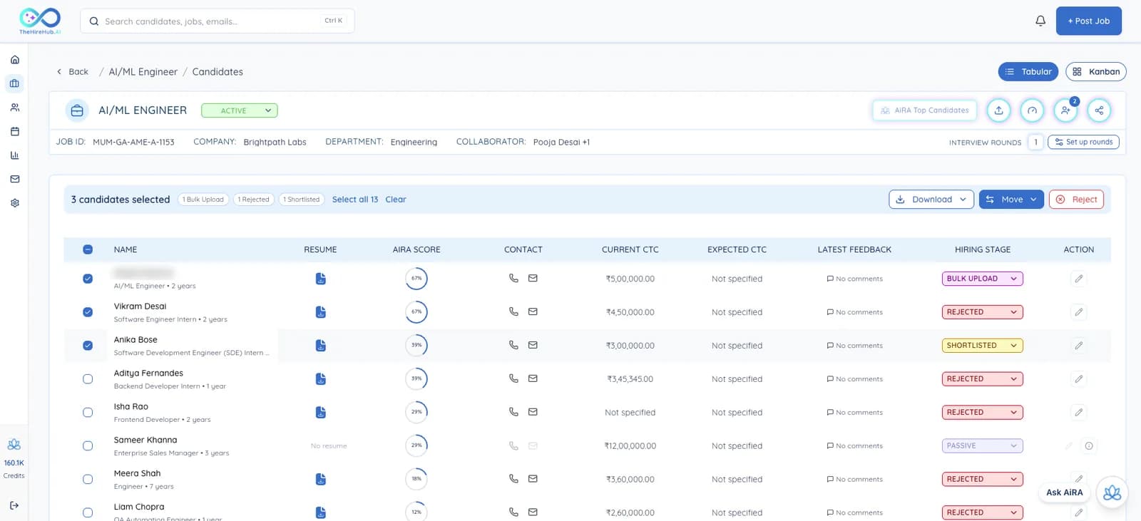 Three candidates selected with Download and Move buttons in the bulk action bar