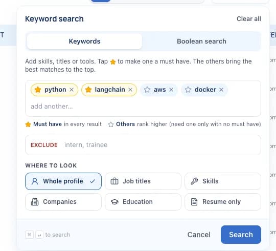 Keyword search with must-have keywords starred